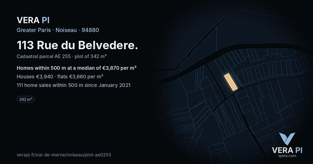 113 Rue du Belvedere, Noiseau at night – the plot lit, the parcels around coloured by the prices near them