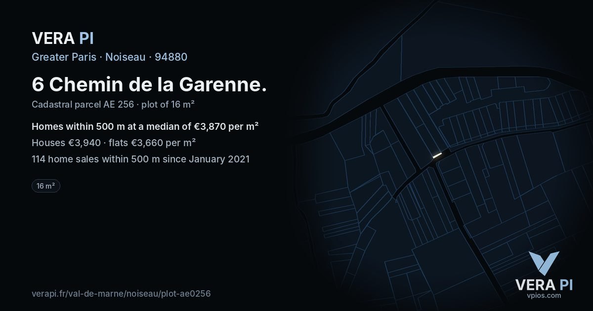 6 Chemin de la Garenne, Noiseau at night – the plot lit, the parcels around coloured by the prices near them
