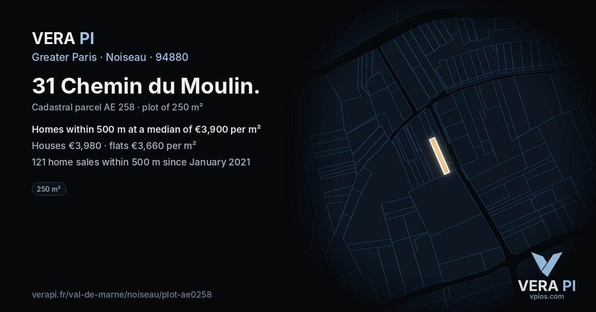 31 Chemin du Moulin, Noiseau at night – the plot lit, the parcels around coloured by the prices near them
