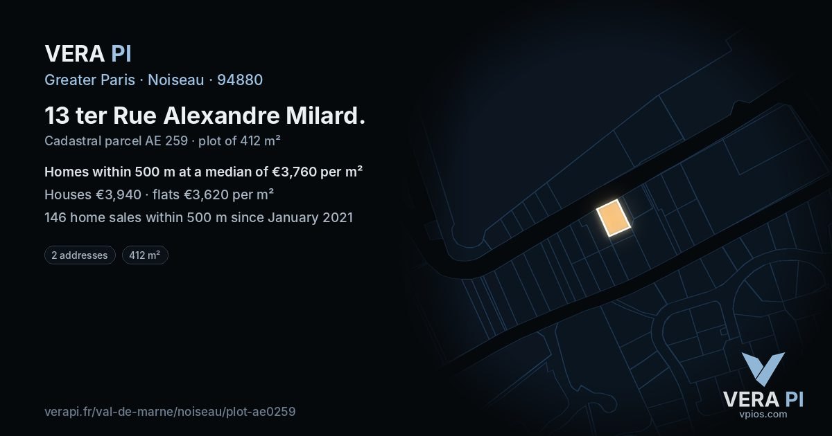 13 ter Rue Alexandre Milard, Noiseau at night – the plot lit, the parcels around coloured by the prices near them