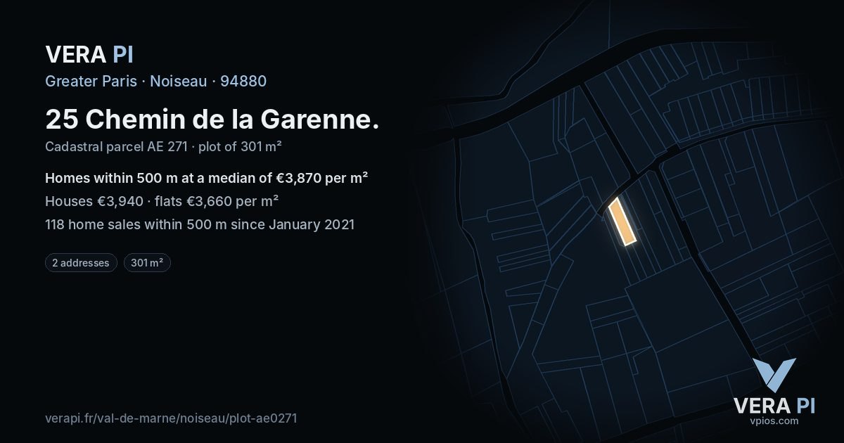 25 Chemin de la Garenne, Noiseau at night – the plot lit, the parcels around coloured by the prices near them