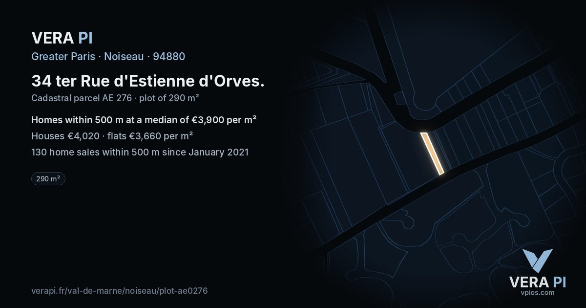 34 ter Rue d'Estienne d'Orves, Noiseau at night – the plot lit, the parcels around coloured by the prices near them