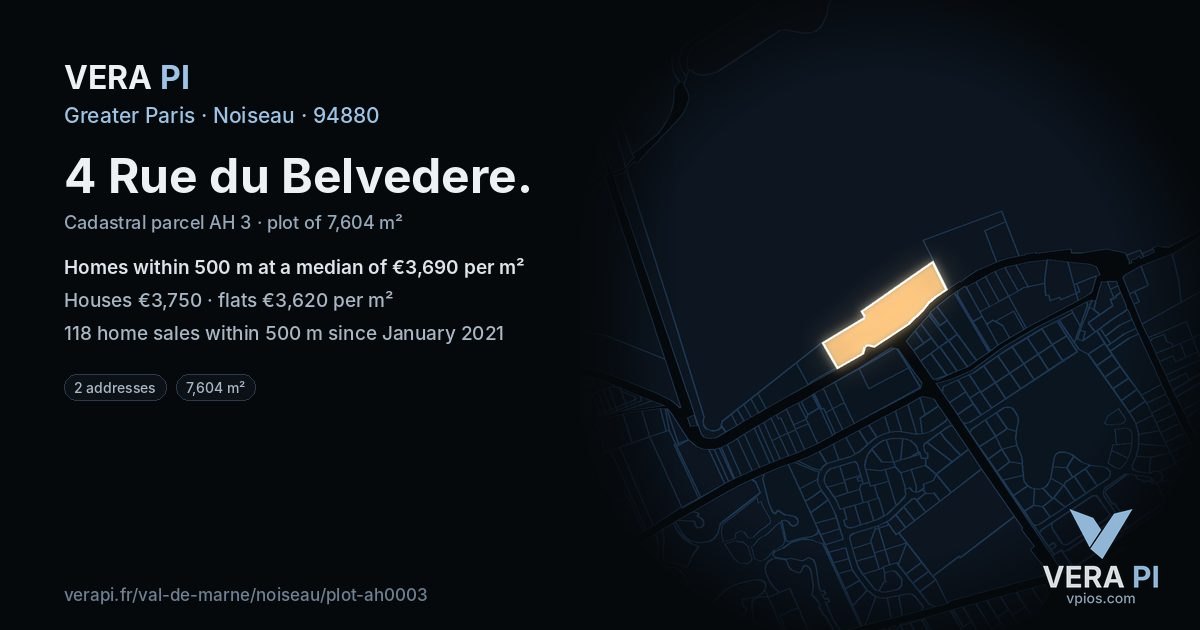 4 Rue du Belvedere, Noiseau at night – the plot lit, the parcels around coloured by the prices near them