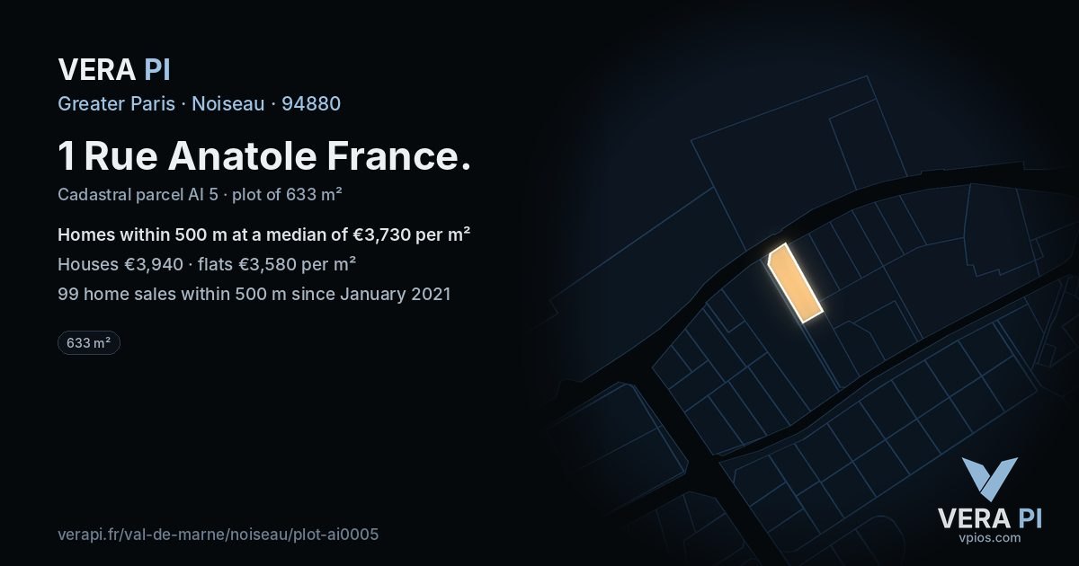 1 Rue Anatole France, Noiseau at night – the plot lit, the parcels around coloured by the prices near them