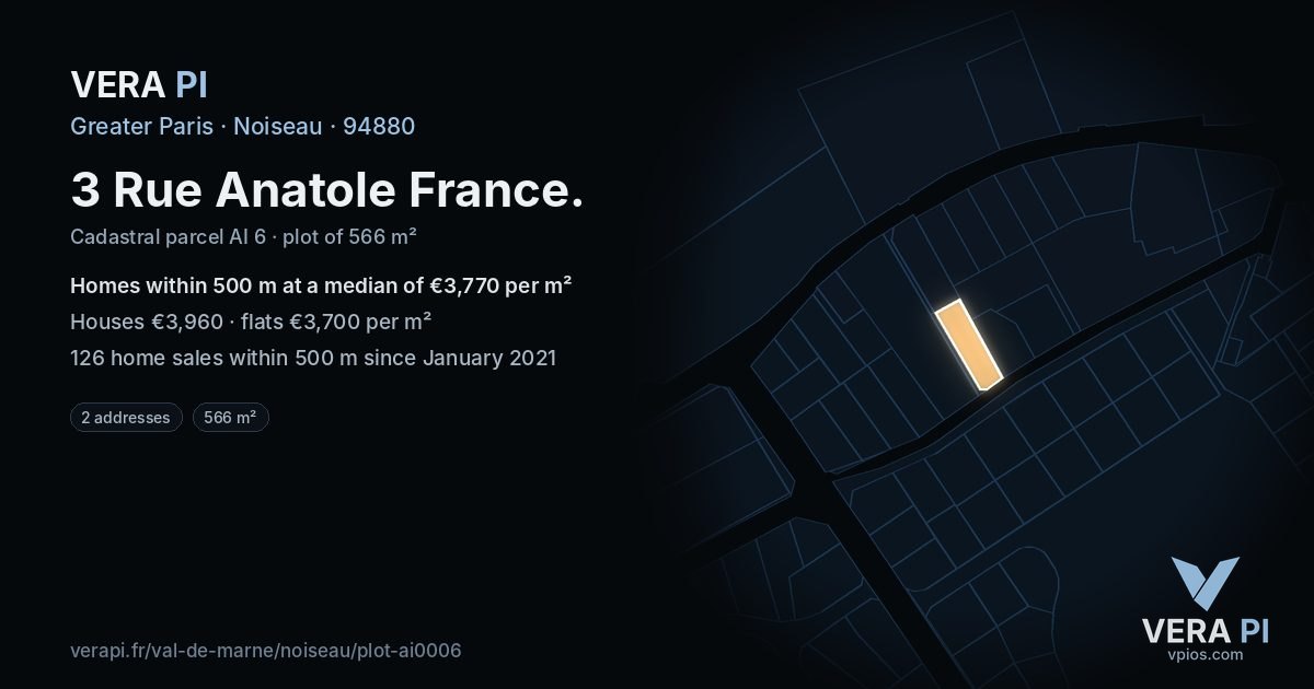 3 Rue Anatole France, Noiseau at night – the plot lit, the parcels around coloured by the prices near them