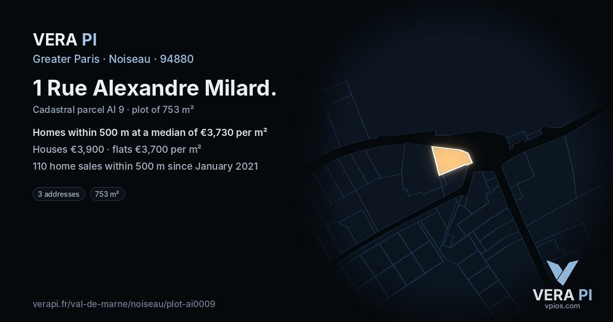 1 Rue Alexandre Milard, Noiseau at night – the plot lit, the parcels around coloured by the prices near them