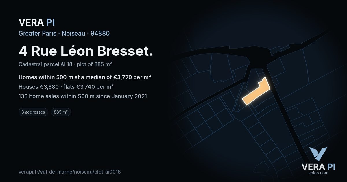 4 Rue Léon Bresset, Noiseau at night – the plot lit, the parcels around coloured by the prices near them