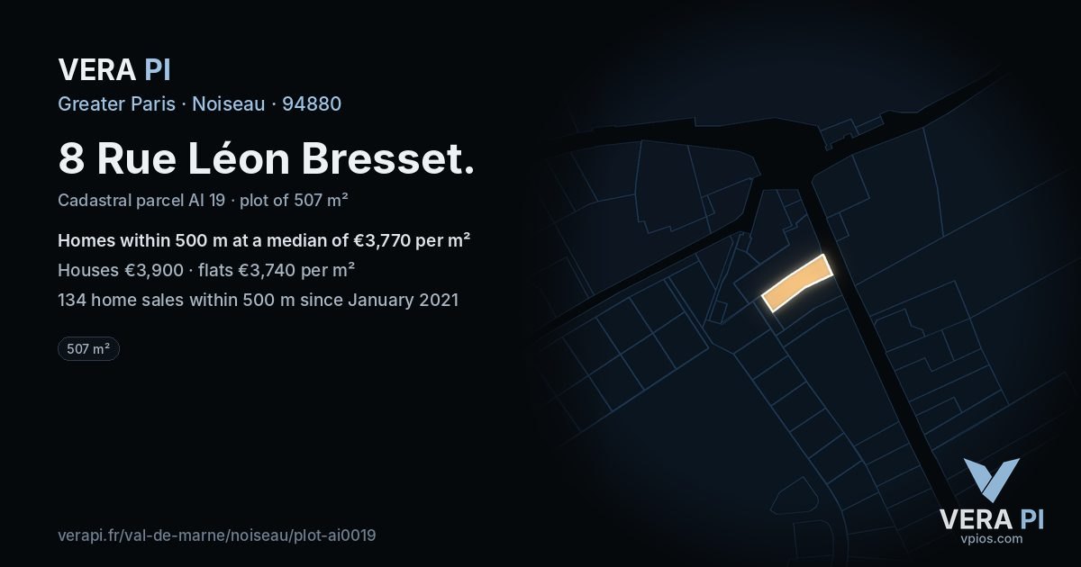 8 Rue Léon Bresset, Noiseau at night – the plot lit, the parcels around coloured by the prices near them