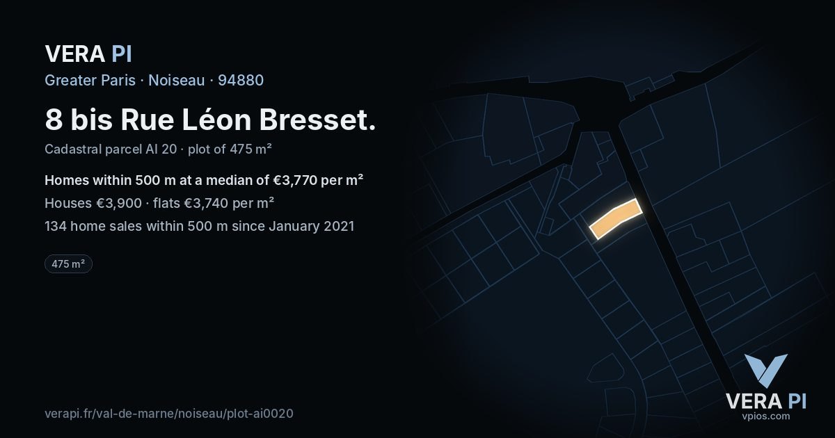 8 bis Rue Léon Bresset, Noiseau at night – the plot lit, the parcels around coloured by the prices near them
