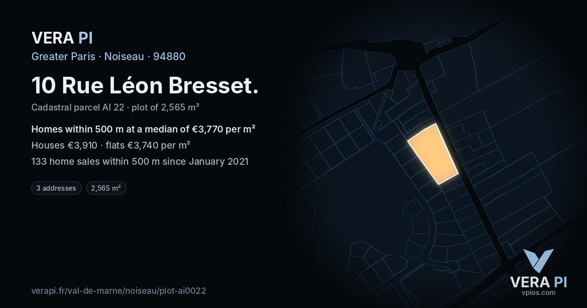 10 Rue Léon Bresset, Noiseau at night – the plot lit, the parcels around coloured by the prices near them
