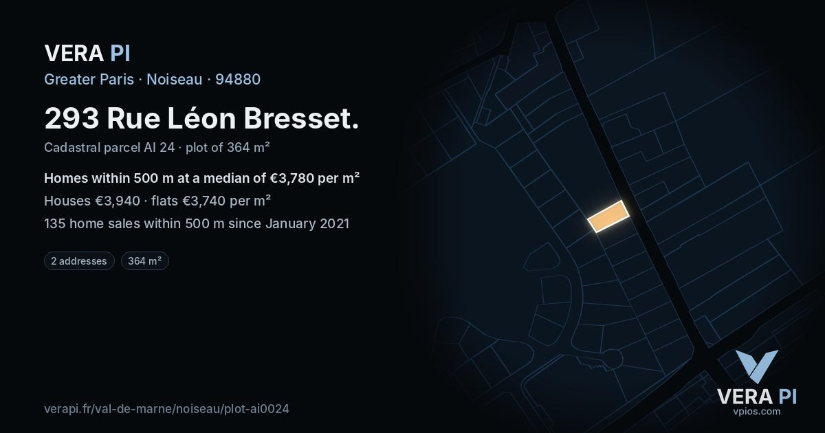 293 Rue Léon Bresset, Noiseau at night – the plot lit, the parcels around coloured by the prices near them