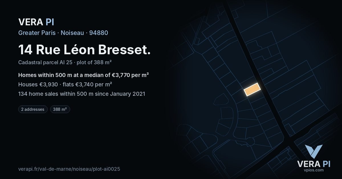 14 Rue Léon Bresset, Noiseau at night – the plot lit, the parcels around coloured by the prices near them