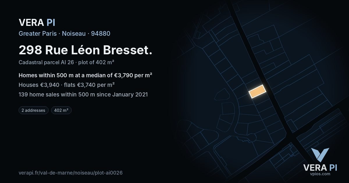 298 Rue Léon Bresset, Noiseau at night – the plot lit, the parcels around coloured by the prices near them