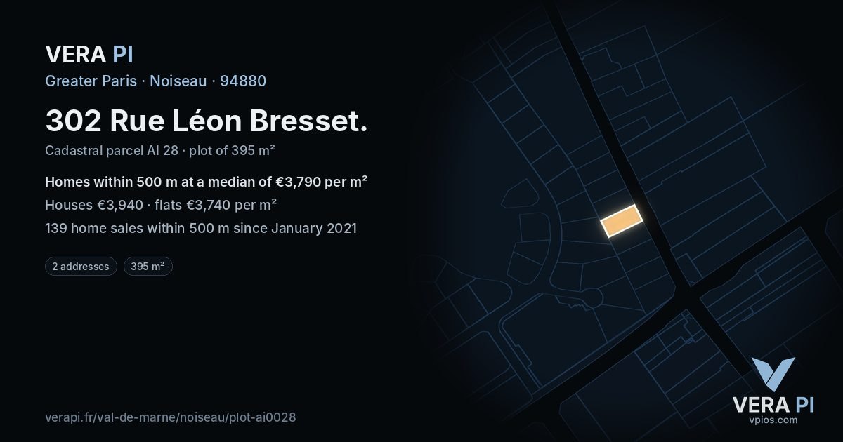 302 Rue Léon Bresset, Noiseau at night – the plot lit, the parcels around coloured by the prices near them