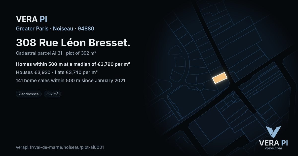 308 Rue Léon Bresset, Noiseau at night – the plot lit, the parcels around coloured by the prices near them