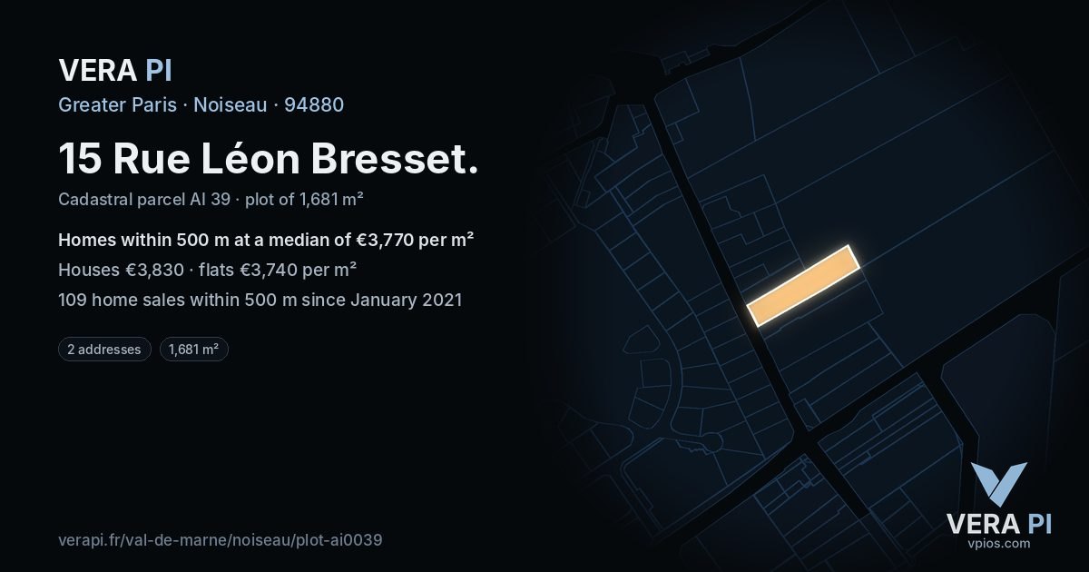 15 Rue Léon Bresset, Noiseau at night – the plot lit, the parcels around coloured by the prices near them