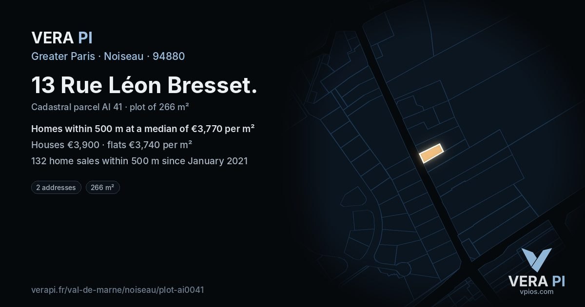 13 Rue Léon Bresset, Noiseau at night – the plot lit, the parcels around coloured by the prices near them