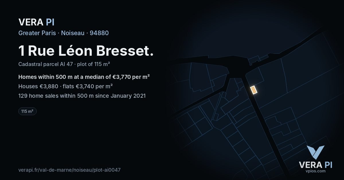 1 Rue Léon Bresset, Noiseau at night – the plot lit, the parcels around coloured by the prices near them