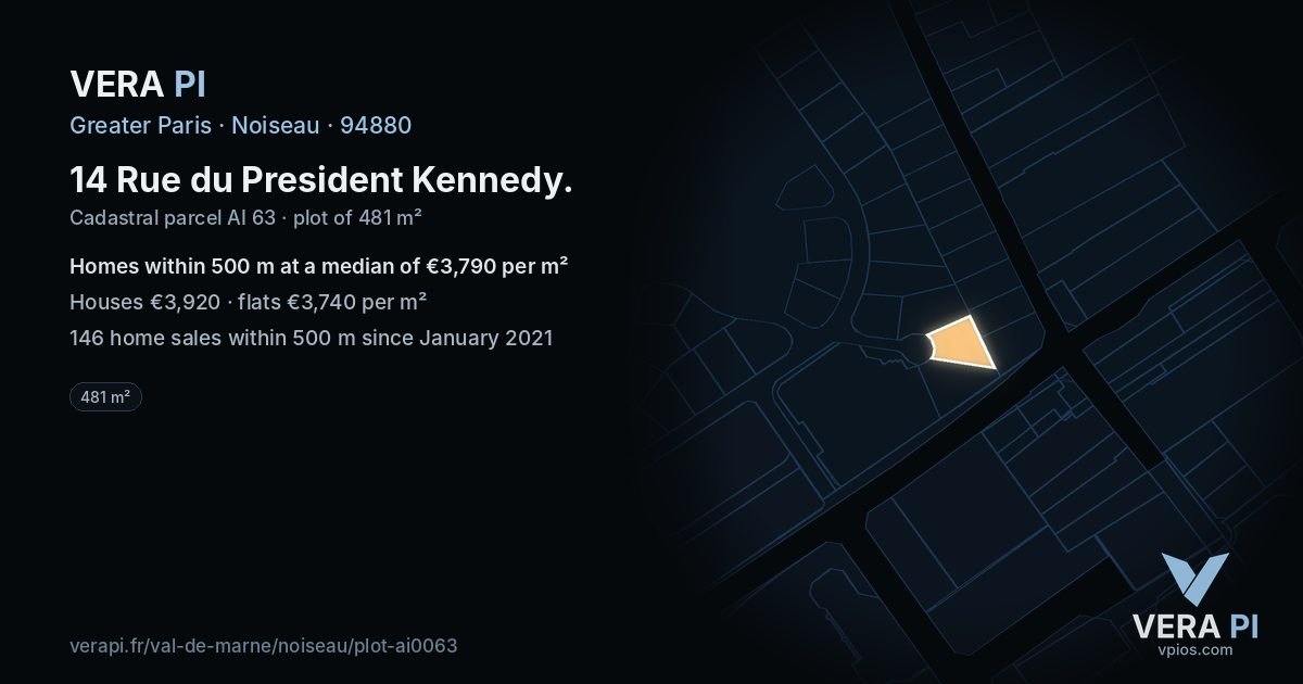 14 Rue du President Kennedy, Noiseau at night – the plot lit, the parcels around coloured by the prices near them
