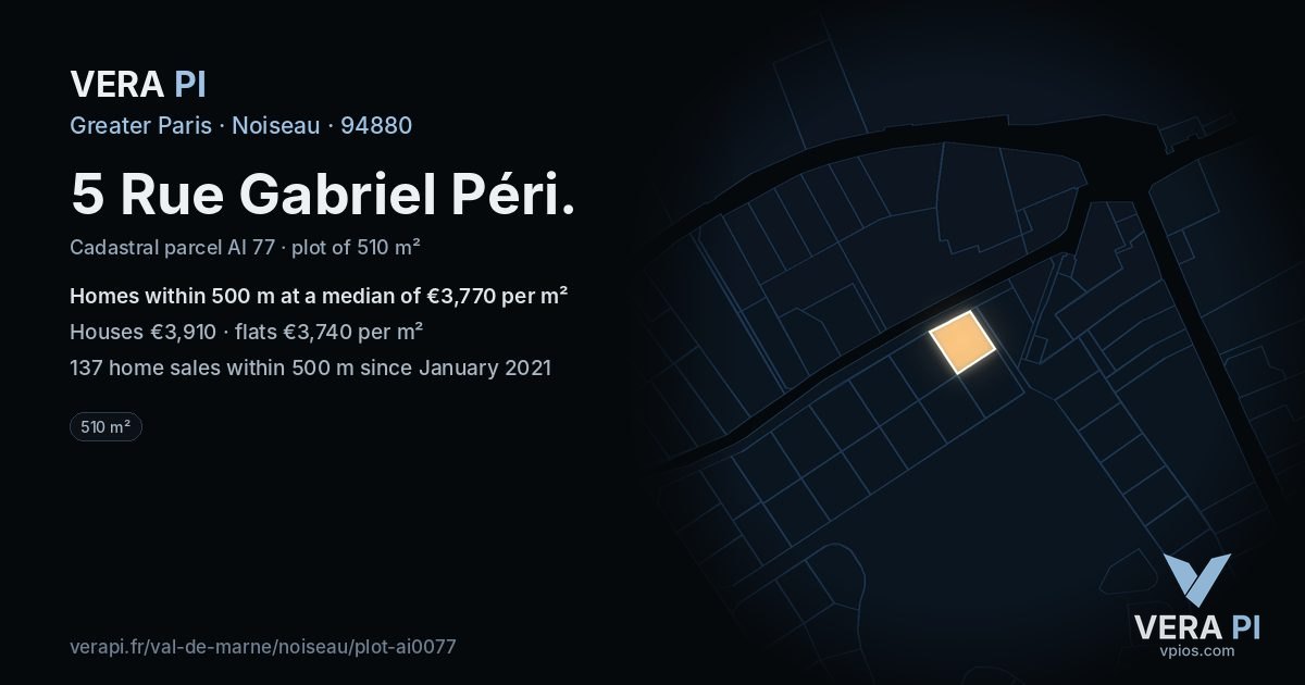 5 Rue Gabriel Péri, Noiseau at night – the plot lit, the parcels around coloured by the prices near them