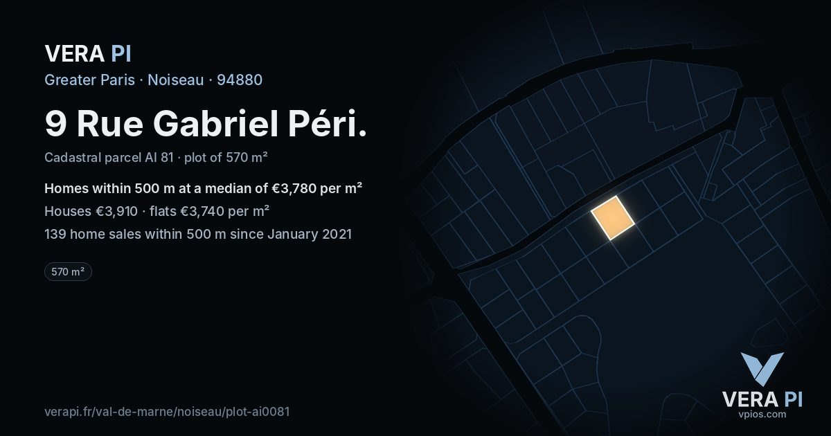 9 Rue Gabriel Péri, Noiseau at night – the plot lit, the parcels around coloured by the prices near them