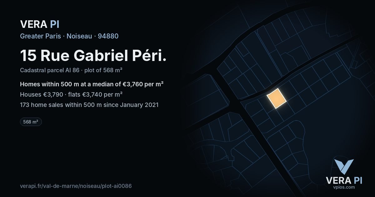 15 Rue Gabriel Péri, Noiseau at night – the plot lit, the parcels around coloured by the prices near them