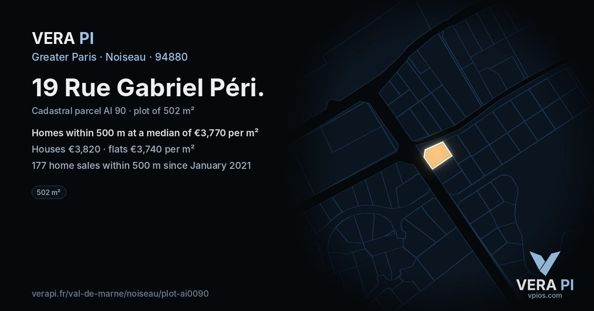 19 Rue Gabriel Péri, Noiseau at night – the plot lit, the parcels around coloured by the prices near them