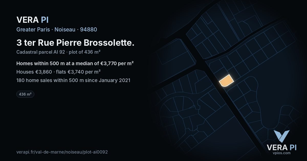 3 ter Rue Pierre Brossolette, Noiseau at night – the plot lit, the parcels around coloured by the prices near them