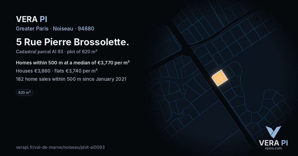5 Rue Pierre Brossolette, Noiseau at night – the plot lit, the parcels around coloured by the prices near them