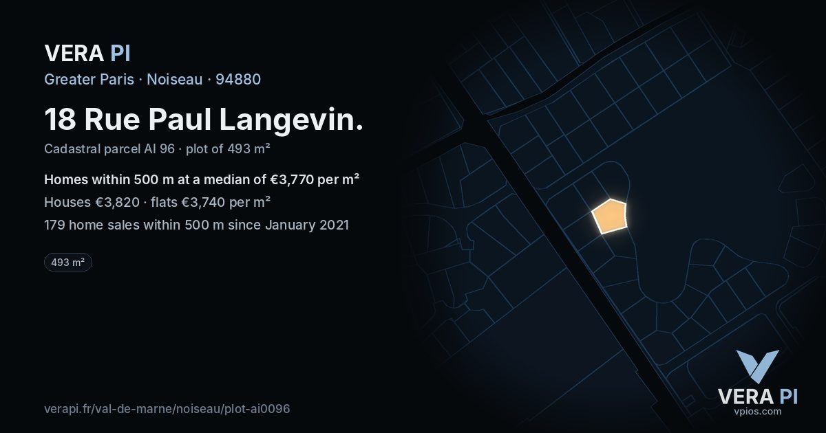 18 Rue Paul Langevin, Noiseau at night – the plot lit, the parcels around coloured by the prices near them