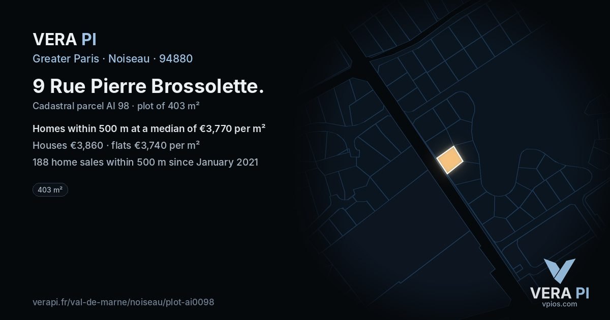 9 Rue Pierre Brossolette, Noiseau at night – the plot lit, the parcels around coloured by the prices near them
