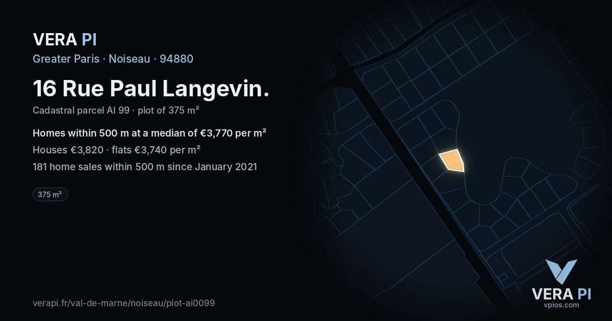 16 Rue Paul Langevin, Noiseau at night – the plot lit, the parcels around coloured by the prices near them
