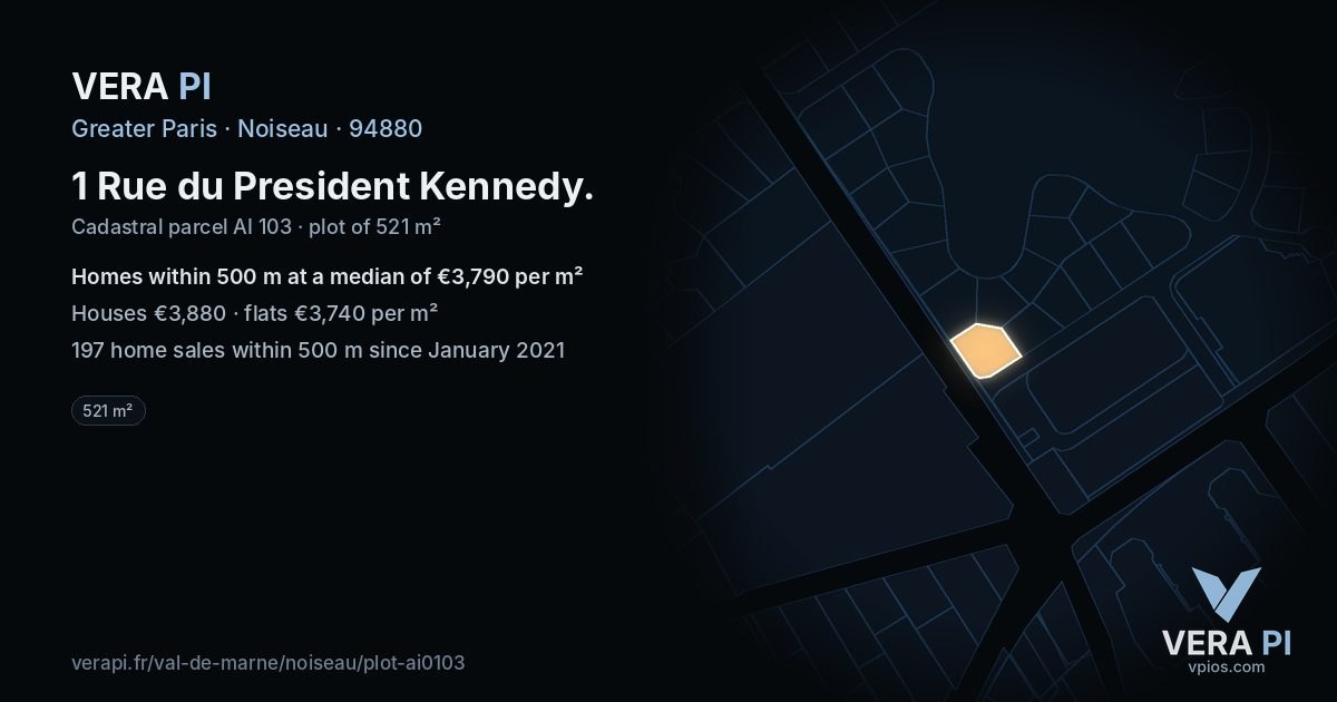 1 Rue du President Kennedy, Noiseau at night – the plot lit, the parcels around coloured by the prices near them