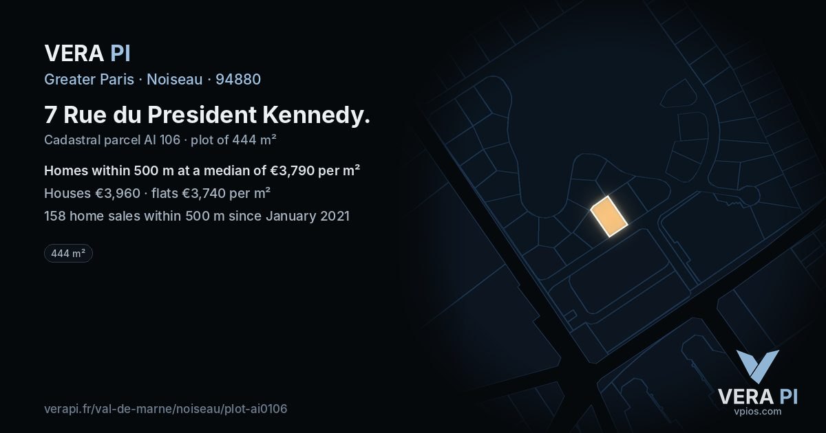 7 Rue du President Kennedy, Noiseau at night – the plot lit, the parcels around coloured by the prices near them