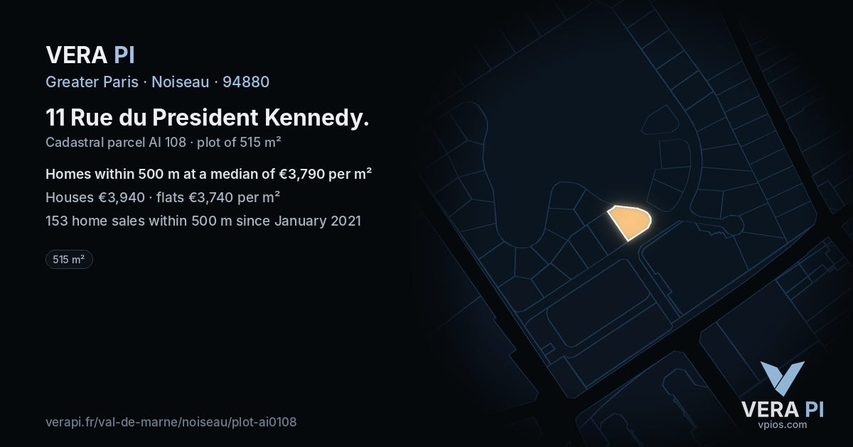 11 Rue du President Kennedy, Noiseau at night – the plot lit, the parcels around coloured by the prices near them