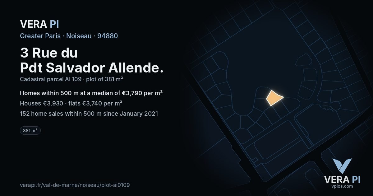 3 Rue du Pdt Salvador Allende, Noiseau at night – the plot lit, the parcels around coloured by the prices near them