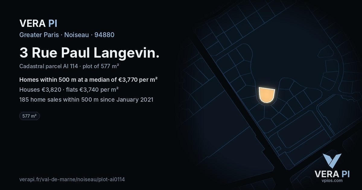 3 Rue Paul Langevin, Noiseau at night – the plot lit, the parcels around coloured by the prices near them