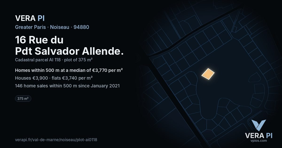 16 Rue du Pdt Salvador Allende, Noiseau at night – the plot lit, the parcels around coloured by the prices near them