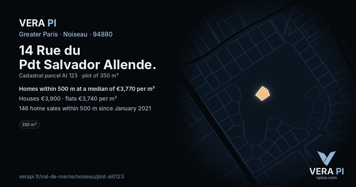 14 Rue du Pdt Salvador Allende, Noiseau at night – the plot lit, the parcels around coloured by the prices near them