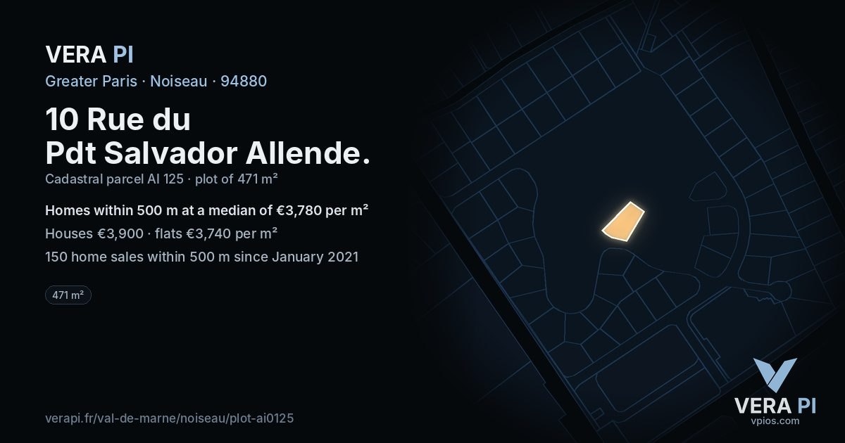 10 Rue du Pdt Salvador Allende, Noiseau at night – the plot lit, the parcels around coloured by the prices near them