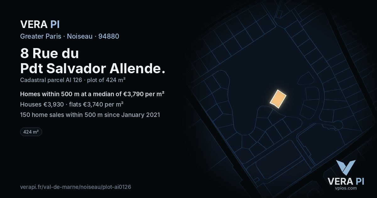 8 Rue du Pdt Salvador Allende, Noiseau at night – the plot lit, the parcels around coloured by the prices near them