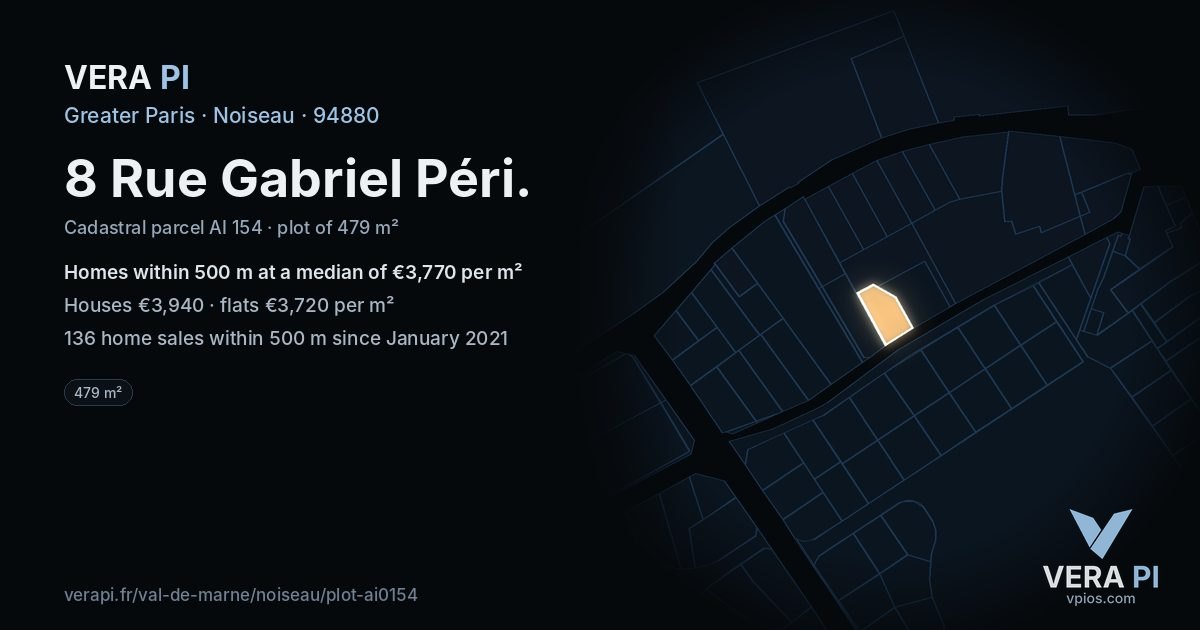 8 Rue Gabriel Péri, Noiseau at night – the plot lit, the parcels around coloured by the prices near them