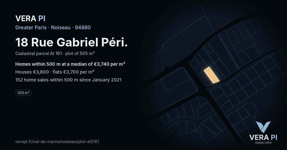 18 Rue Gabriel Péri, Noiseau at night – the plot lit, the parcels around coloured by the prices near them