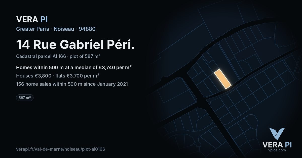 14 Rue Gabriel Péri, Noiseau at night – the plot lit, the parcels around coloured by the prices near them
