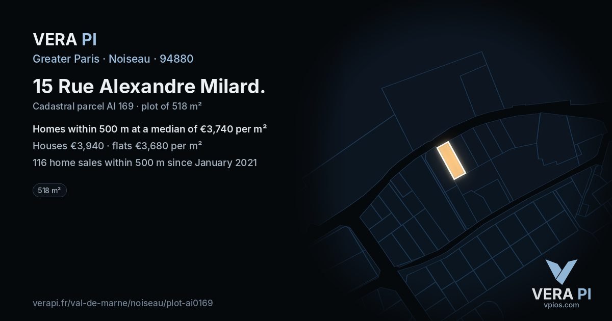 15 Rue Alexandre Milard, Noiseau at night – the plot lit, the parcels around coloured by the prices near them