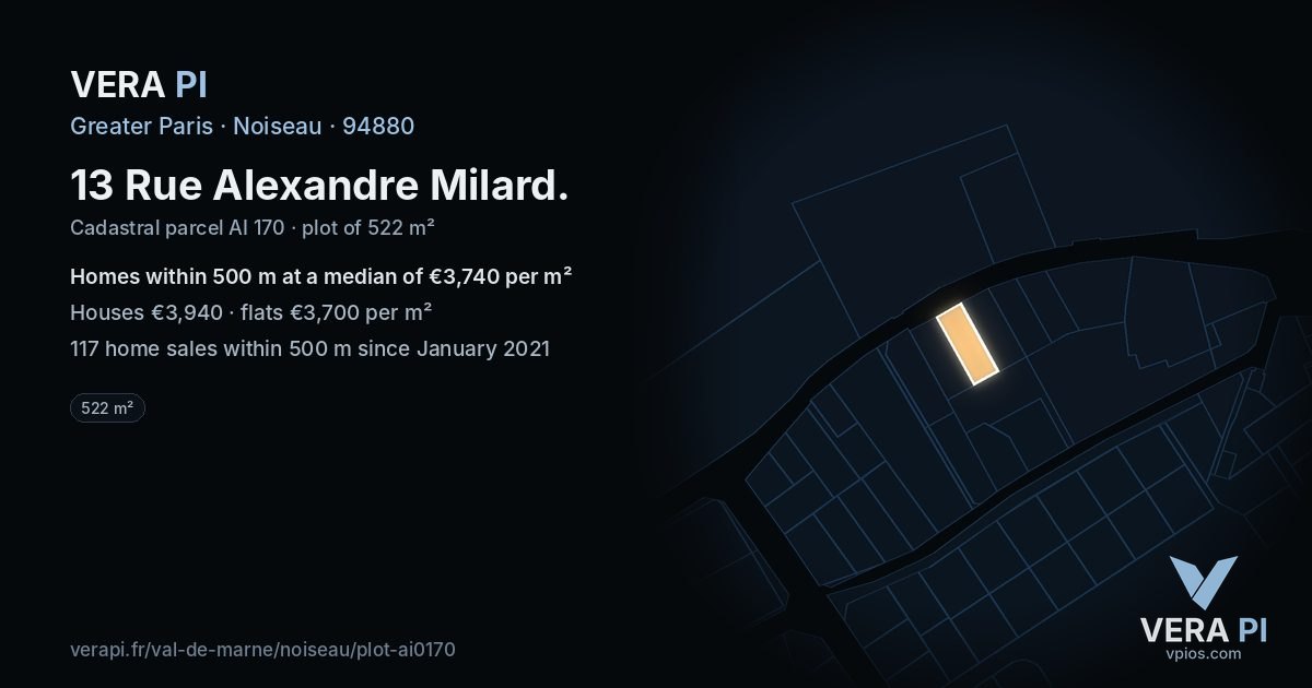 13 Rue Alexandre Milard, Noiseau at night – the plot lit, the parcels around coloured by the prices near them
