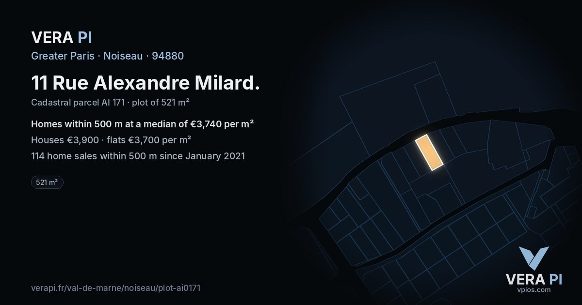 11 Rue Alexandre Milard, Noiseau at night – the plot lit, the parcels around coloured by the prices near them