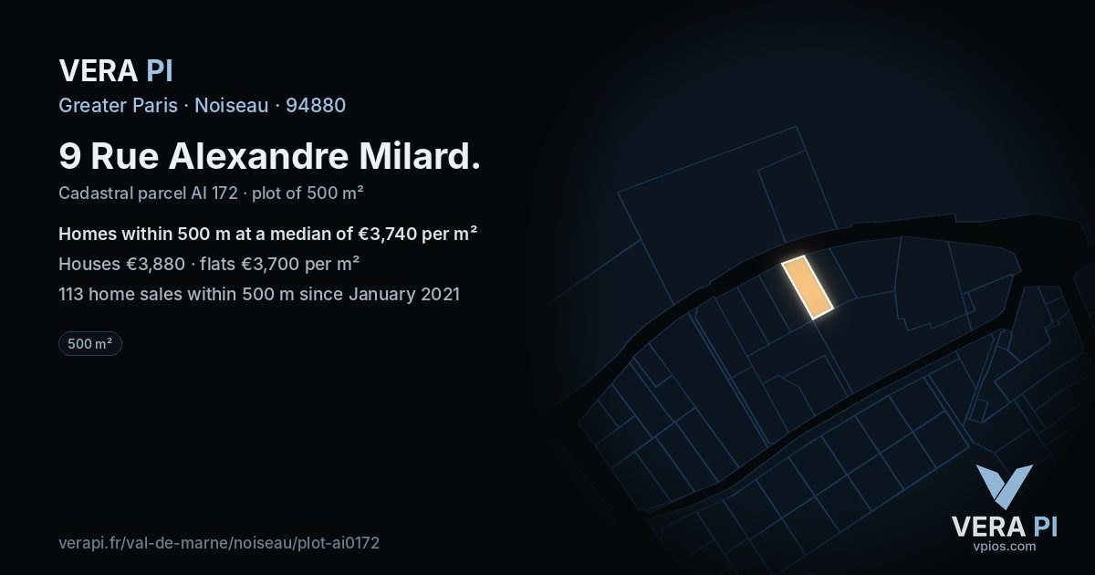 9 Rue Alexandre Milard, Noiseau at night – the plot lit, the parcels around coloured by the prices near them