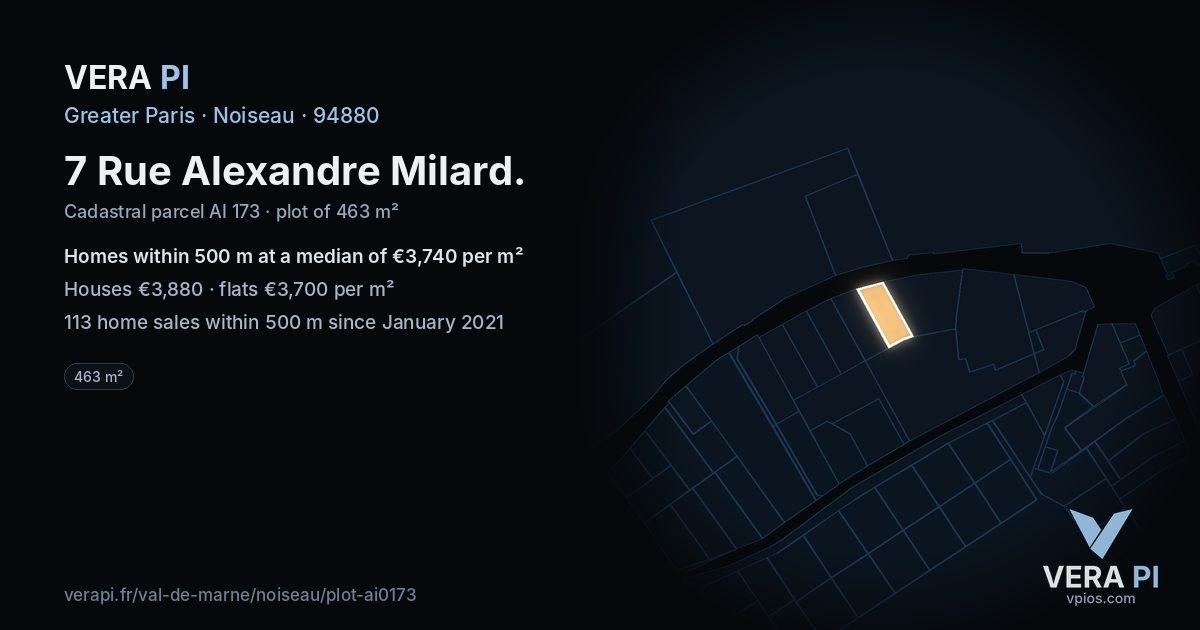 7 Rue Alexandre Milard, Noiseau at night – the plot lit, the parcels around coloured by the prices near them