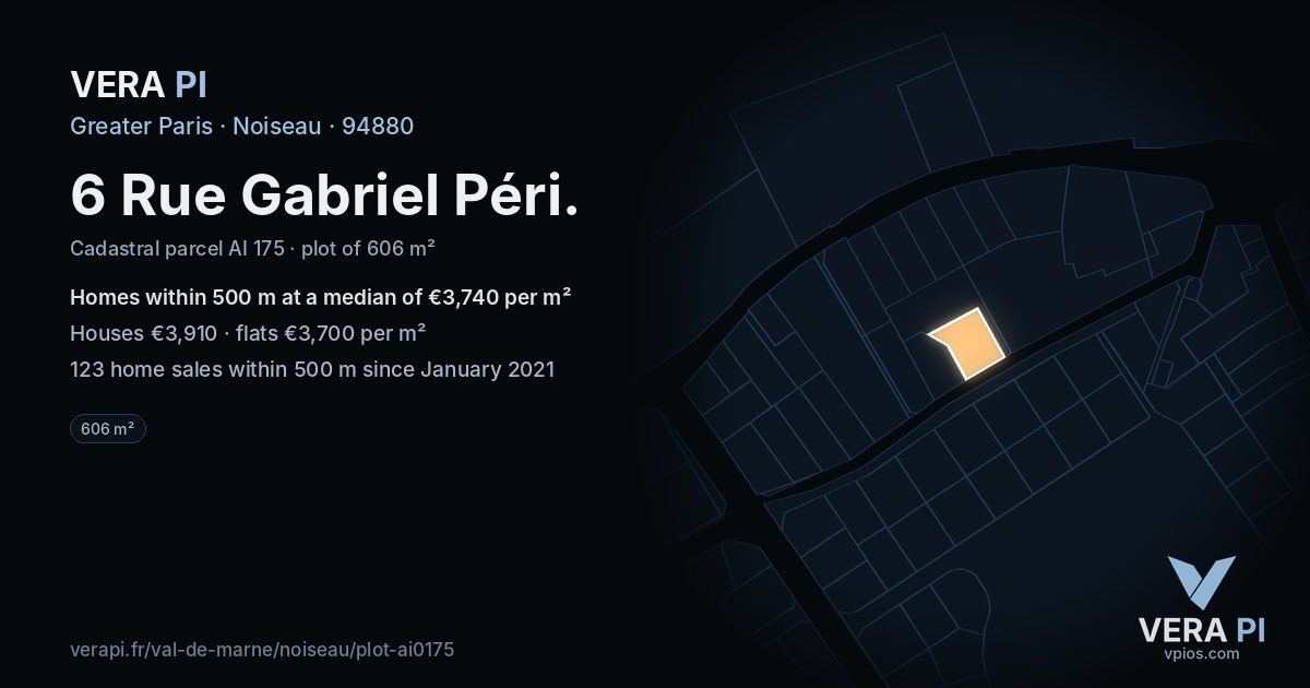 6 Rue Gabriel Péri, Noiseau at night – the plot lit, the parcels around coloured by the prices near them
